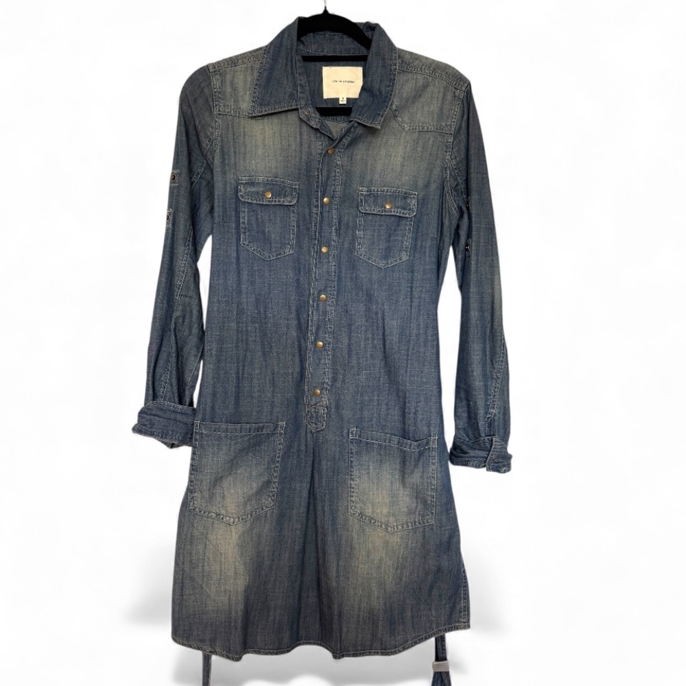 90s Life in Progress Distressed Denim Shirt Dress Roll Tab Sleeve Womans Size S
